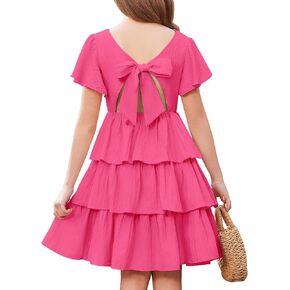 Arshiner Girls Dresses Elegant Ruffle Short Sleeve Back Tie Tiered Dresses