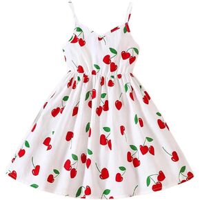 GORGLITTER Girl's Dress Cute Cherry Print Ruffle Flowy Dresses Sleeveless V Neck Strappy Summer Cami Peplum Mini Dress