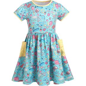 AWIBMK Girls Kids Back to School Dress Kindergarten Short Sleeve Pencil Stationery Schoolbag Casual Dresses with Pockets