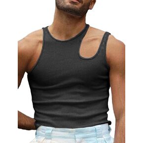 Men's Cut Out Neck Tank Tops Solid Sleeveless Casual Gym Sports Loose Fit T Shirts Vacation Workout Basic Tees