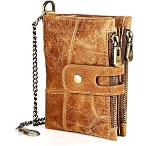 Small Wallet Women Leather Chain Compact Card Holder Zipper Pocket Wallet RFID Blocking Card Case Purse with ID Window(brown)