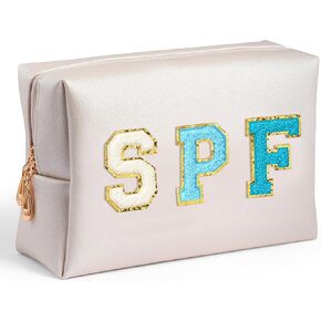 Preppy Patch Sun Cosmetic Bag Summer Sunscreen PU Leather Toiletry Makeup Bag Portable Waterproof Makeup Pouch Travel Summer Beach Pouch Daily Use Zipper Purse for Women Girls Birthday Gifts