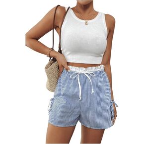 MakeMeChic Women's Striped Print Frill Trim Drawstring Waist Split Hem Wide Leg Shorts
