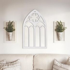 Sintosin Gothic Arched Window Frame Wall Decor Living Room 20 X 33 Inch, Hanging Distressed White Wooden Rustic Cathedral Window Frame, Farmhouse Home Decor for Halloween Entryway