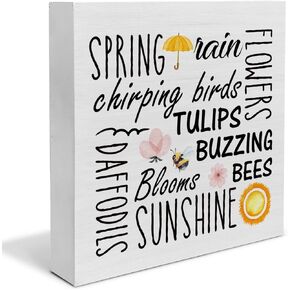 Spring Quote Wooden Box Sign Farmhouse Wood Box Sign Spring Art Blocks Desk Sign Rustic for Shelf Tabletop Home Decor 5 X 5 Inch