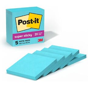 Post-it Super Sticky Notes, 5 Sticky Note Pads, 3 x 3 in., School Supplies, Office Products, Sticky Notes for Vertical Surfaces, Monitors, Walls and Windows,Aqua