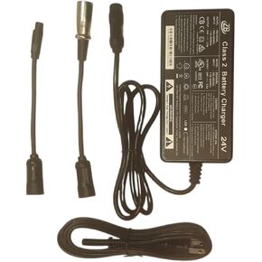 24V 2A Class 2 Lithium Battery Charger for Awayshair Shock مع محركات بدون فرش ، مع ثلاثة سدادات. 2 كابلات محول ، عالمي مع معظم كراسي طاقة بطارية ليثيوم 24 فولت