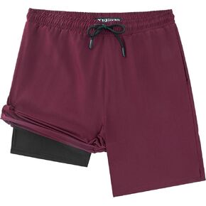 Men Swim Trunks with Compresssion Liner 7 Inch Inseam Board Shorts 2-in-1 Bathing Suit with Zipper Pockets