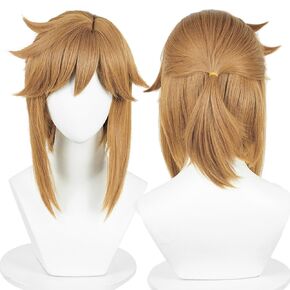 Anime Link Wig Short Brown Curly Tied in Ponytail Party Hair Halloween Cosplay Props Accessory