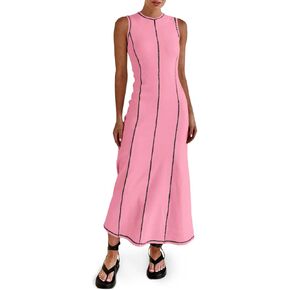 Wenrine Womens Sleeveless T Shirt Dress Summer Contrast Stitch Ribbed Knit Tank Maxi Dresses
