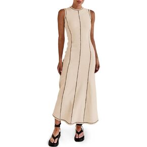 Wenrine Womens Sleeveless T Shirt Dress Summer Contrast Stitch Ribbed Knit Tank Maxi Dresses in Kuwait