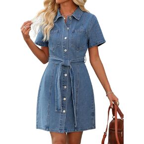 Denim Dress for Women,Short Sleeve Jean Dress Button Down Babydoll Denim Shirt Dresses with Pocket 2025 Outfits