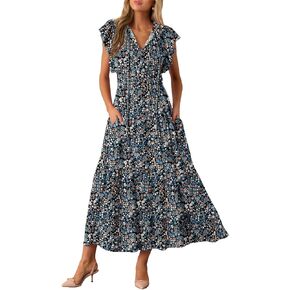 BLENCOT Womens Floral Maxi Dresses Casual Flowy Boho Dresses Summer Ruffle Short Sleeve V Neck Dress with Pockets