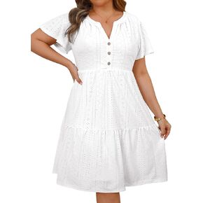 Plus Size Summer Dress - Casual Sundress Beach Short Sleeve V Neck Tiered Button Up Boho Midi Flowy Sun Dresses Women