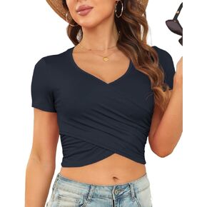 Womens Front Cross Wrap Crop Tops Deep V Neck Short Sleeve Fitted Going Out T Shirts