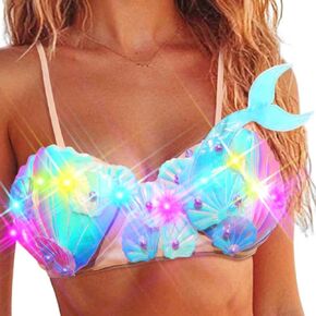 Zoestar Light Up Mermaid Costume Bra Top Glowing Led Shell Pearls Bikini Top Sparkly Summer Beach Bra for Women