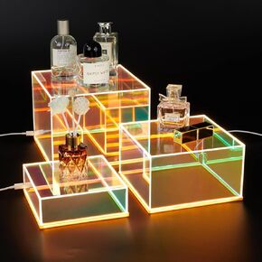 3Pcs Acrylic Display Risers with LED light, Acrylic Cube Box Clear Display Stand with Hollow Bottoms for Figures Dessert Jewelry Perfume Handbag (Clear-3pcs)
