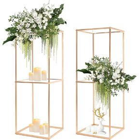 Bigsee Gold Flower Stand for Centerpieces: 2 Pcs 2-Layer 31.5 inch Tall Stand Pedestal Table with Acrylic Panel Metal Floor Vases Cylinder Stands for Wedding Centerpiece Party Decoration