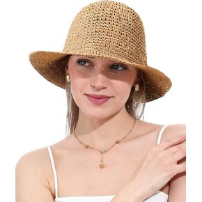 Womens Straw Sun Hat Wide Brim Hand Woven Foldable Beach Bucket Hat for Summer Travel UV Protection UPF 50+