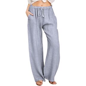 Women's Linen Pants, Summer Casual High Waist Loose Fit Drawstring Trousers with Pockets, Light Gray, Medium