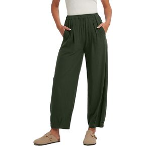 Les umes Womens Elastic Waist Casual Pants Cotton Wide Leg Summer Harem Ankle Trousers with Pockets in Kuwait