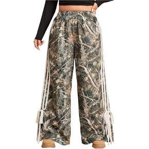 Women's Plus Size Striped Camo Print Pants High Waisted Wide Leg Bowknot Baggy Trousers Streetwear