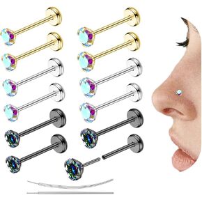 Threadless Flat Back Nose Studs Surgical Steel Hypoallergenic Nose Jewelry, 18G/20G Nose Piercing Studs with CZ Gold/Black/Silver, Secure Push-in Design for Women & Men (12Pcs)
