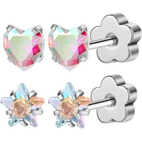 AOEDEJ 2 Pairs Tragus Earrings for Women Hypoallergenic Cute Helix Earring Heart Star with Flower Backs Piercing Jewelry for Gifts