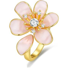 Gold Rose Pink Enamel Floral CZ FULLY ADJUSTABLE Statement Open Ring for Women by SNGIA, Daisy Orchid Flower Leaf Summer Beach Handmade Unique Pinky Band, Chunky Sunflower Stackable Cute Cuff Cocktail Ring Birthday Gift, Natural Bold Exaggerated Irregular