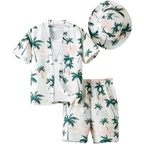 Boy's 3 Piece Vacation Outfits Tropical Short Sleeve Hawaiian Kimono Shirt and Shorts Set with Sunhat
