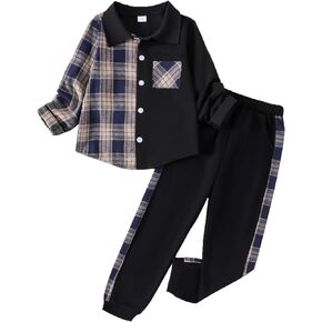 Boy Clothes Fall Winter Outfits Long Sleeve Plaid Patchwork Button Down Shirt + Casual Pocket Sweatpants 7-14 Years
