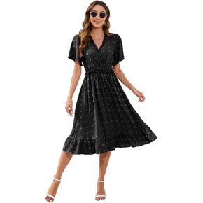 Womens Summer Short Sleeve Wrap V Neck Swiss Dot Midi Dress Boho Ruffle Wedding Guest Dress