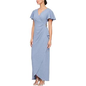 S.L. Fashions Women's Long Empire Waist Mother of The Bride Dress with Side Ruffle & Surplice Neck (Petite and Regular Sizes)