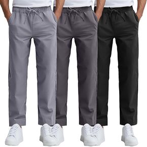 Ficerd 3 Pack Men's Casual Cotton Chino Pants, Summer Lounge Elastic Waist Drawstring Straight Pants Trousers with Pockets