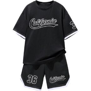 Verdusa Boy's 2 Piece Outfits Letter Graphic Shirt Tracksuit Set Short Sleeve Tee Top and Shorts Set