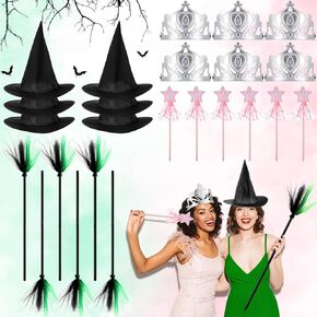 24 Pcs Witch Hats and Brooms and Princess Queen Crowns and Glitter Star Wands Set Black Wizard Hats Decoration for Princess Witch Party Supplies Gifts Birthday Dress up Costume Cosplay