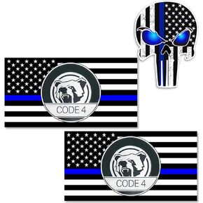 3PCS Thin Blue line Sticker Code 4, Thin Blue Line Skull Decal, Police Support Stickers, American Flag Thin Blue Line Decal, for Cars Trucks Window Laptop