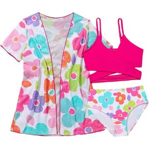 Toddler Girl's 3 Piece Bikini Sets Floral Spaghetti Strap Bathing Suit with Kimono Cover Up
