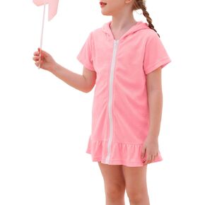Swim Cover Up Girls Multicolor Short Sleeve Ruffle Bathing Suit Hooded Zip-Up Terry Swimsuit for Toddler Kids