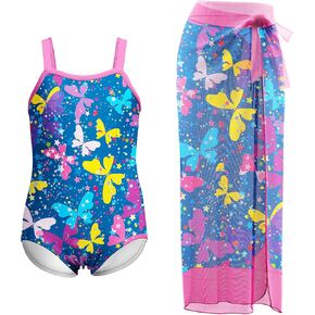 LQSZ Girls One Piece Swimsuit with Cover Up Beach Skirt Set Two Piece Bathing Suit Swimwear 3-12 Years