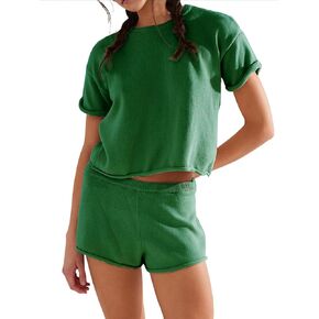 Two Piece Sets for Women Summer, Short Sleeve Knit Sweater Tops and Matching Shorts Lounge Sets Beach Vacation Outfits