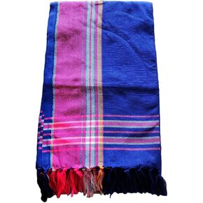 Unisex African Kikoy Scarf, Sarong, Wrap, Throw - 100% Cotton, Handmade Tassels, Multi-Use Beach Cover-Up, Picnic Blanket, & More - Royal Blue with Purple border.