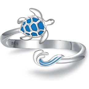 Sea Turtle Rings for Women - 925 Sterling Silver Blue Turtle Rings Cute Animal Ring Sea Ring Hypoallergenic Jewelry Gifts Size Adjustable