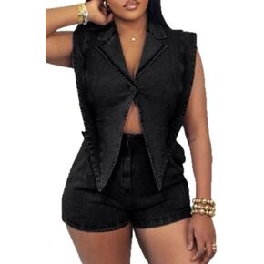 Famnbro Womens Denim Romper Y2k Sleeveless V Neck Lapel Blazers Vest Work Business Short Jeans Jumpsuits