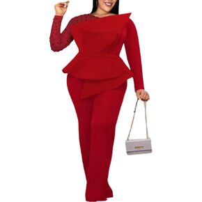 ONTINVA Women's Mesh Patchwork Bead Irregular Long Sleeve Peplum High Waist Jumpsuits