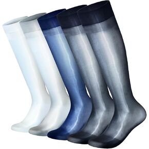 Cityelf Men's Knee-High Shiny Socks 5-Pack Mixed Colors Glossy Legwear High Shine Sheer Summer Cool Sox