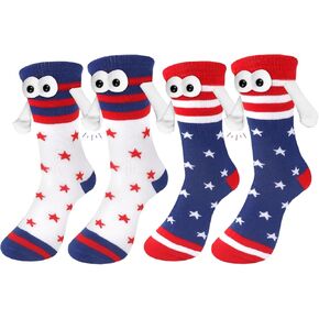 2 Pairs 4th of July Magnetic Holding Hands Socks,Patriotic American Flag Sock for Independence Day, USA Stars Stripes Novelty Sock for Men and Women, Funny Couples Socks,4th of July Gifts Style B