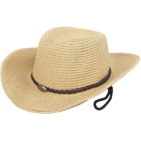 Men Cowboy Hat Wide Brim Sun Protection Knitted Straw Hat with Adjustable Chin Strap Summer Beach Costume Accessories