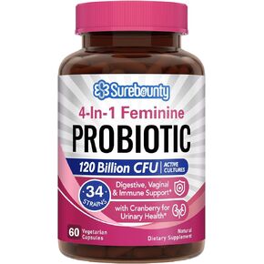 Probiotics for Women, 120 Billion CFU 34 Strains, Prebiotics + Digestive Enzymes + Cranberry, 4-in-1 Feminine Probiotic, Digestive & Vaginal Support, 30ct in Kuwait