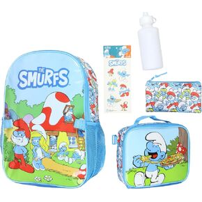 INTIMO The Smurfs Backpack 5-Piece Mega Set Travel Daypack Bag with Lunch Box Pencil Case Water Bottle and Stickers
